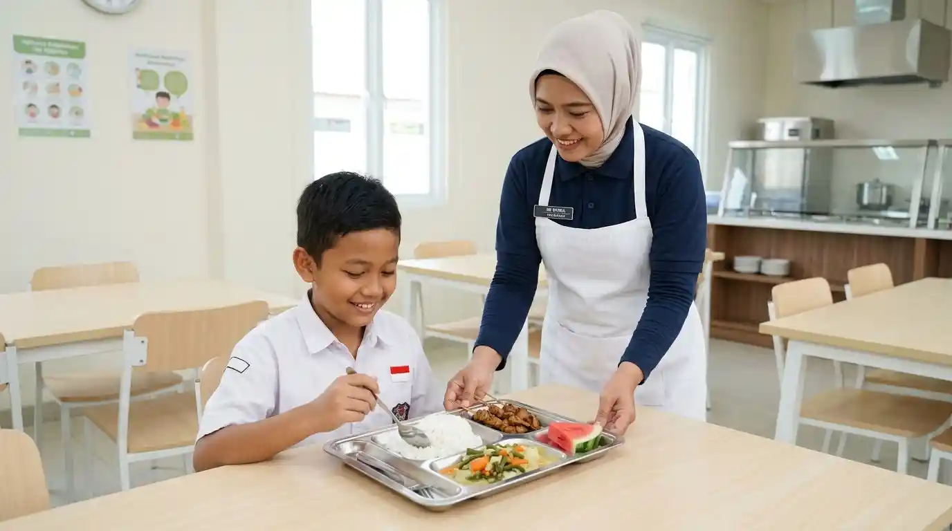 Petugas sekolah membantu anak memilih makanan di area makan sekolah.