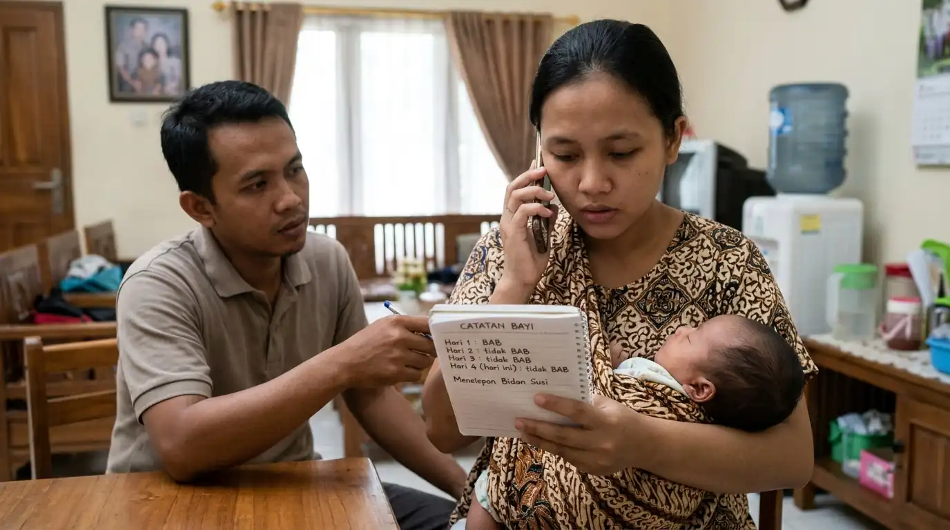 Ayah dan ibu melihat lembar panduan sambil ibu menggendong bayi.