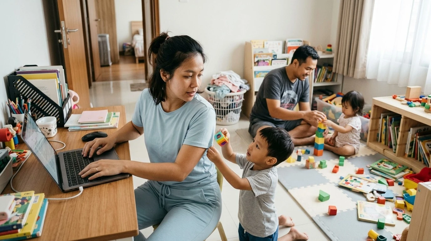 Seorang ibu duduk di meja dengan catatan sementara anak bermain di belakangnya.