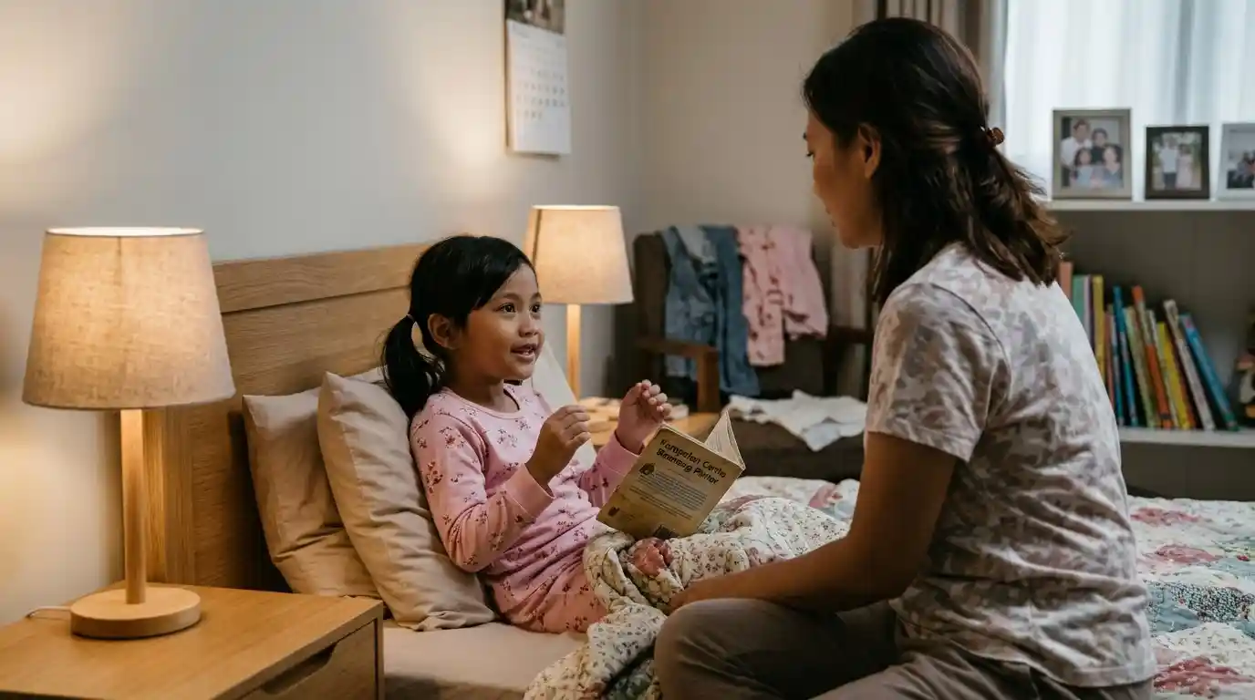 Seorang ibu berbincang dengan anak di dekat tempat tidur.