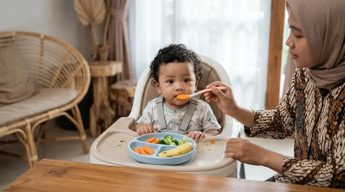 Bayi sedang makan di kursi tinggi sementara ibu menyuapkan makanan.