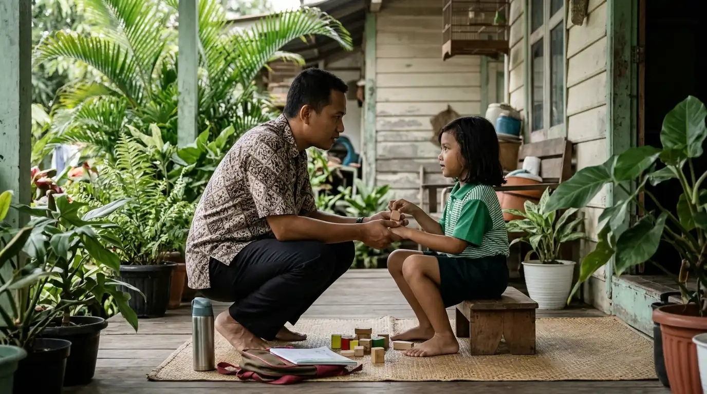 Orang dewasa berbicara dengan anak pada posisi sejajar.