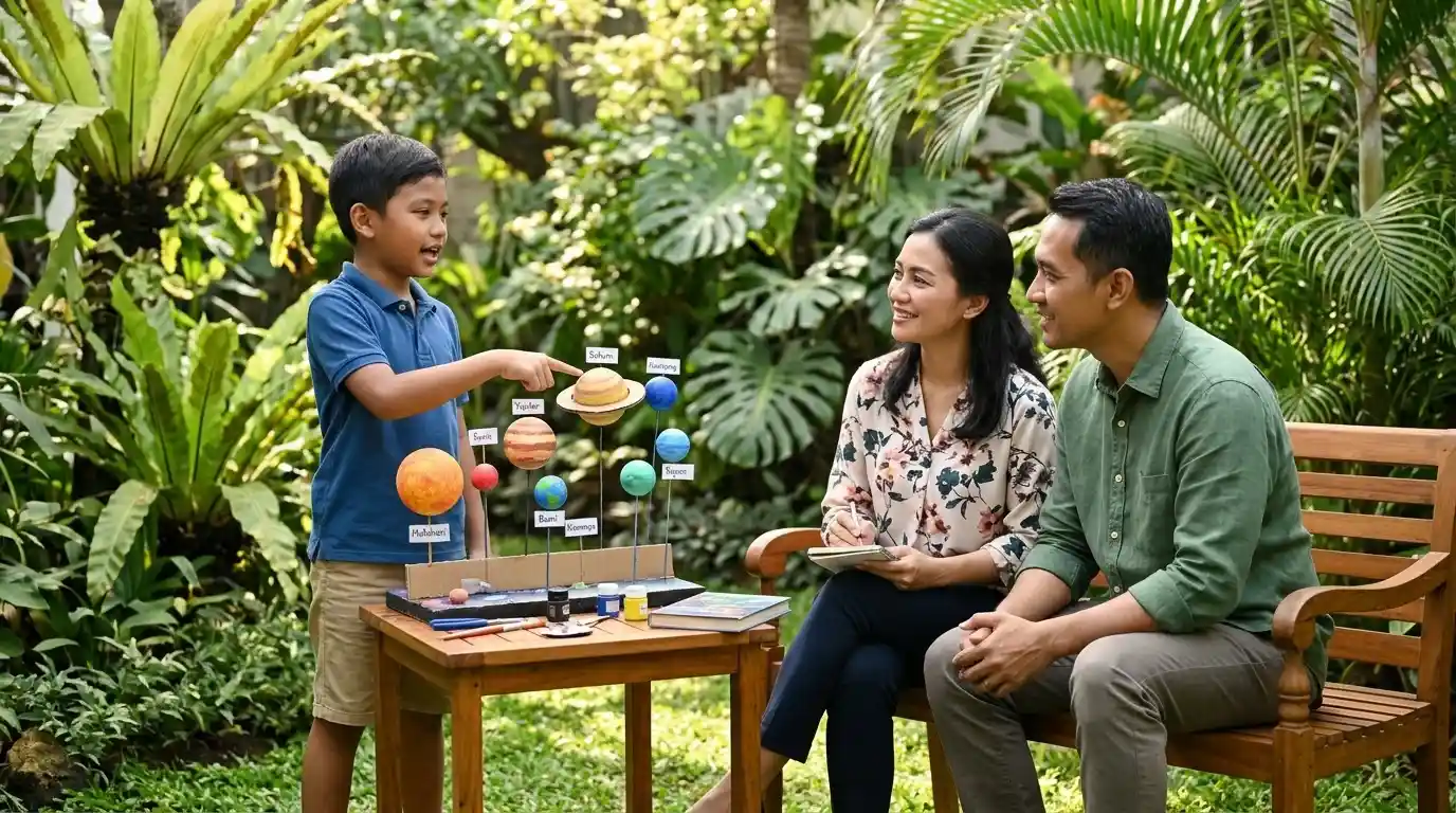Seorang ayah dan anak menunjukkan hasil kegiatan di halaman.