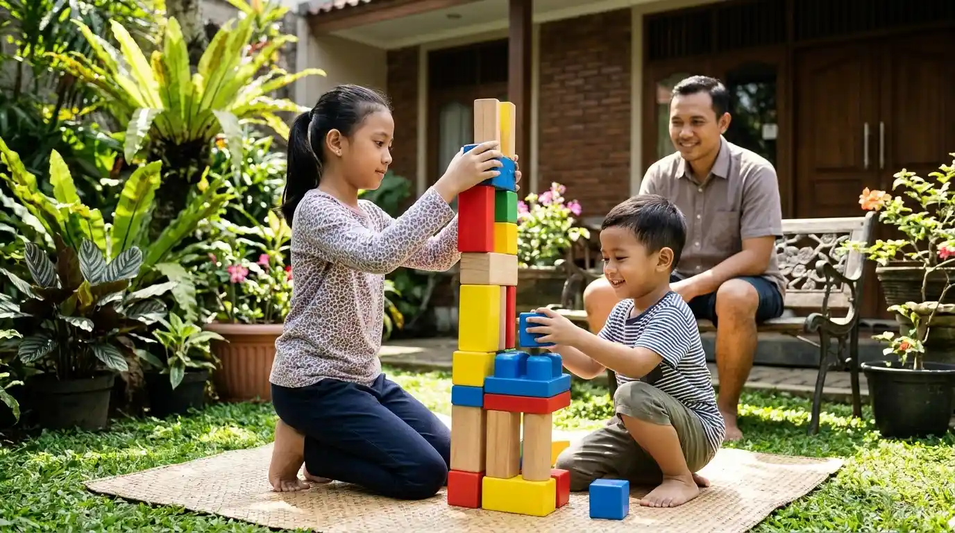 Seorang ayah mendampingi anak membangun permainan balok bersama anak lain.