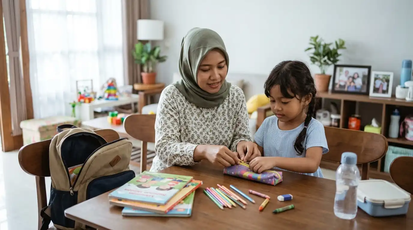Seorang ibu mendampingi anak kecil melakukan kegiatan di meja dengan perlengkapan belajar.