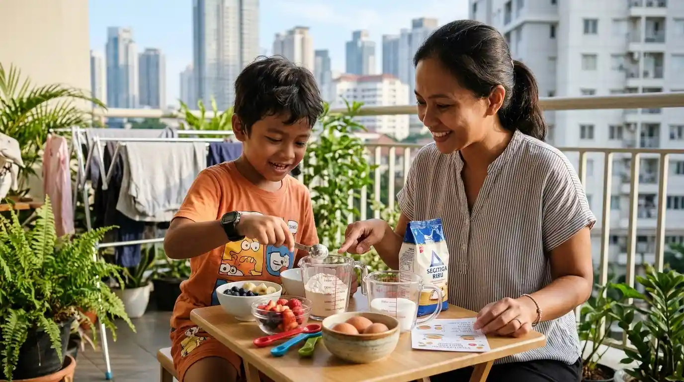 Seorang ibu dan anak mengukur bahan makanan saat memasak bersama.