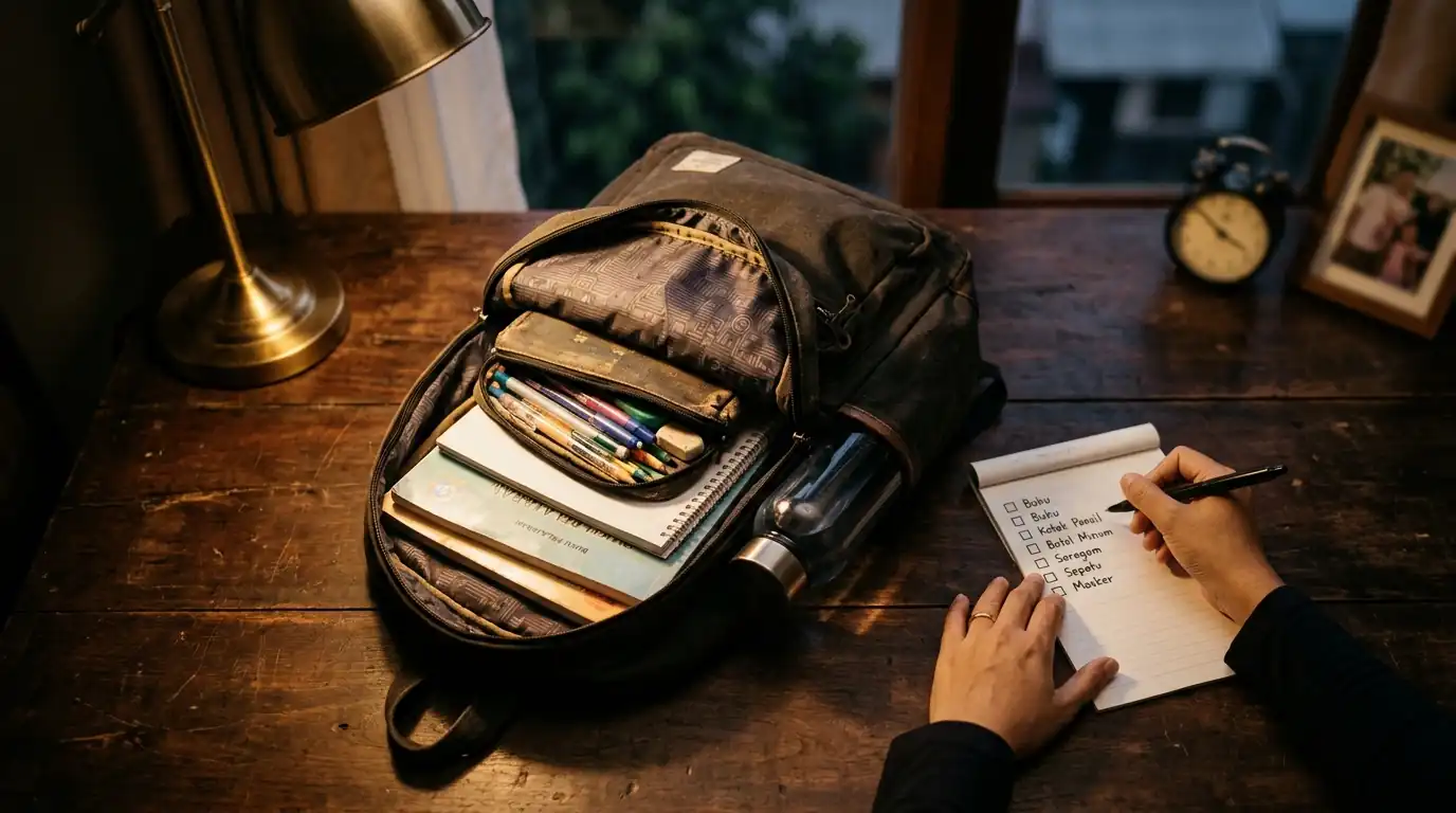 Tas sekolah dan daftar yang perlu diperiksa diletakkan di atas meja.