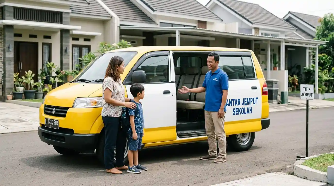 Seorang ibu dan anak berbincang dengan sopir kendaraan sekolah di depan mobil.