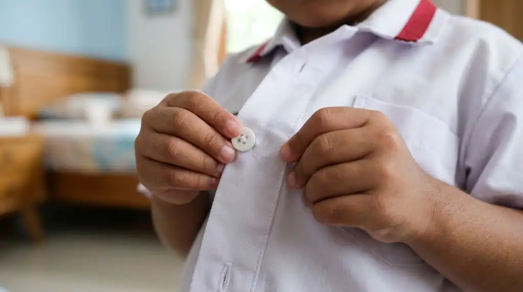 Anak berlatih mengancingkan seragam sekolah.