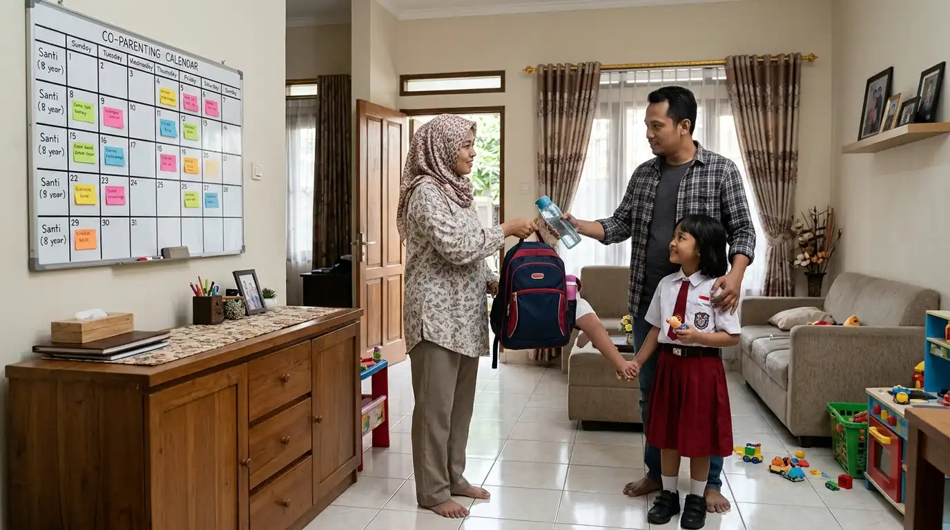 Beberapa anggota keluarga mendampingi anak dalam kegiatan di ruang belajar.