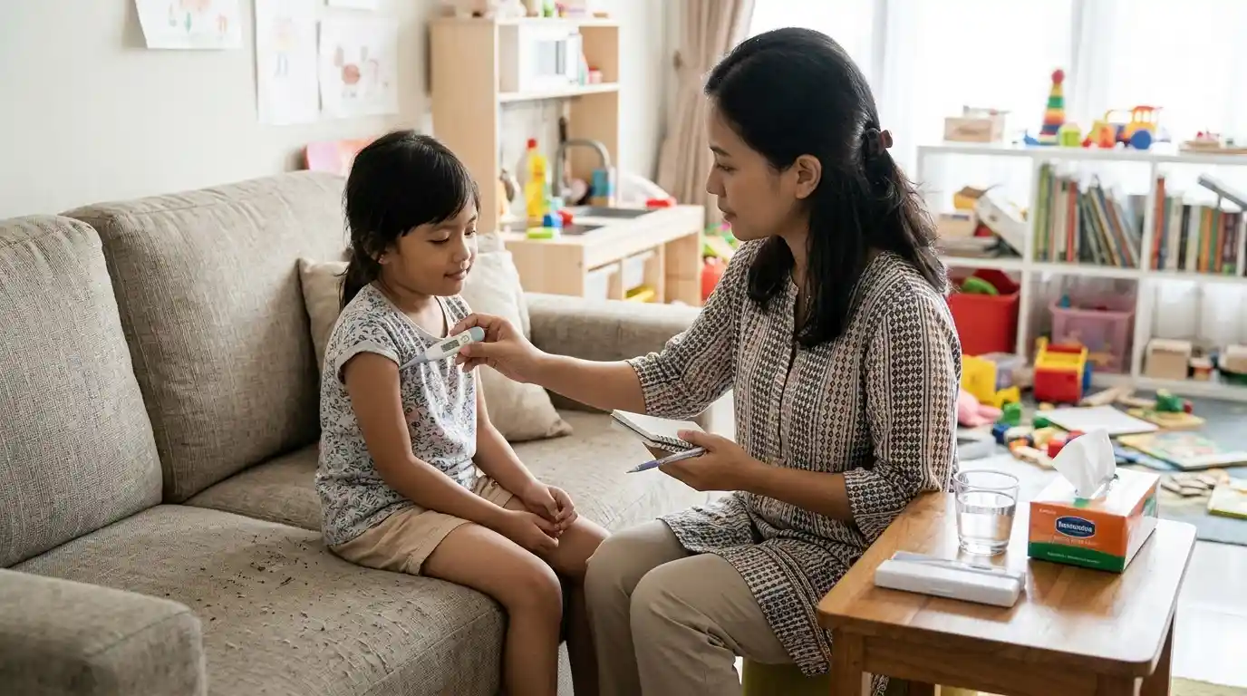 Seorang ibu memeriksa suhu anak menggunakan termometer.