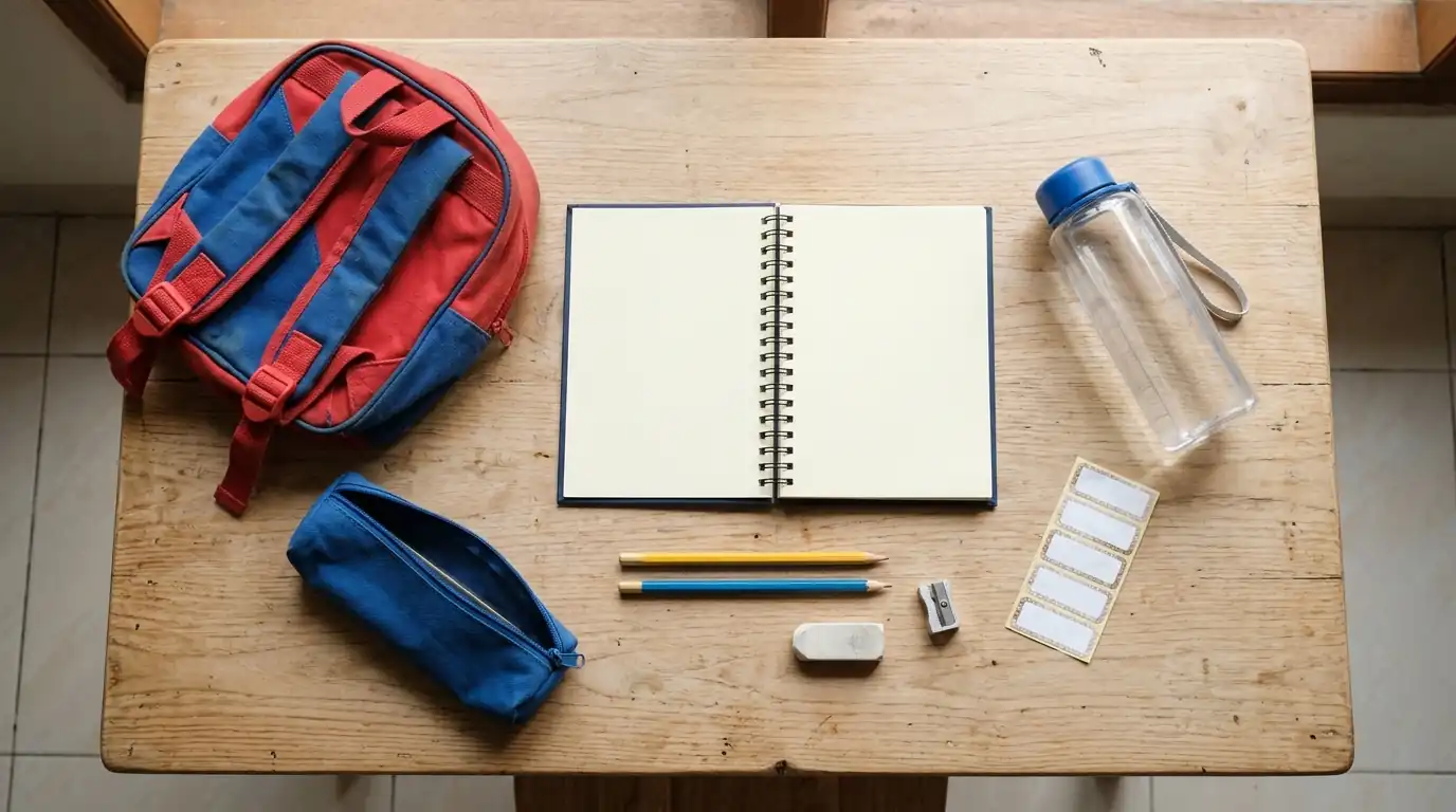 Tas ransel, buku catatan, dan botol minum disiapkan di atas meja.