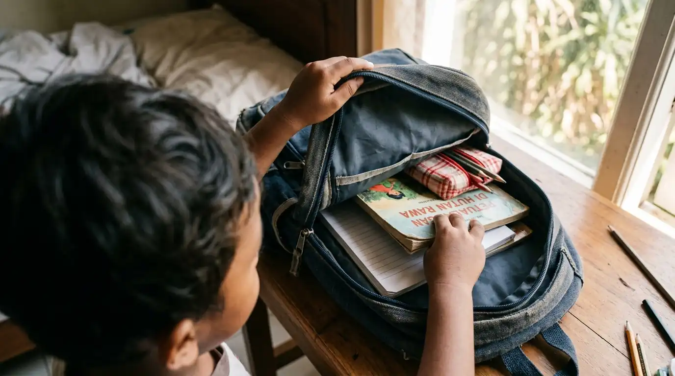 Anak memasukkan buku ke dalam tas sekolah.