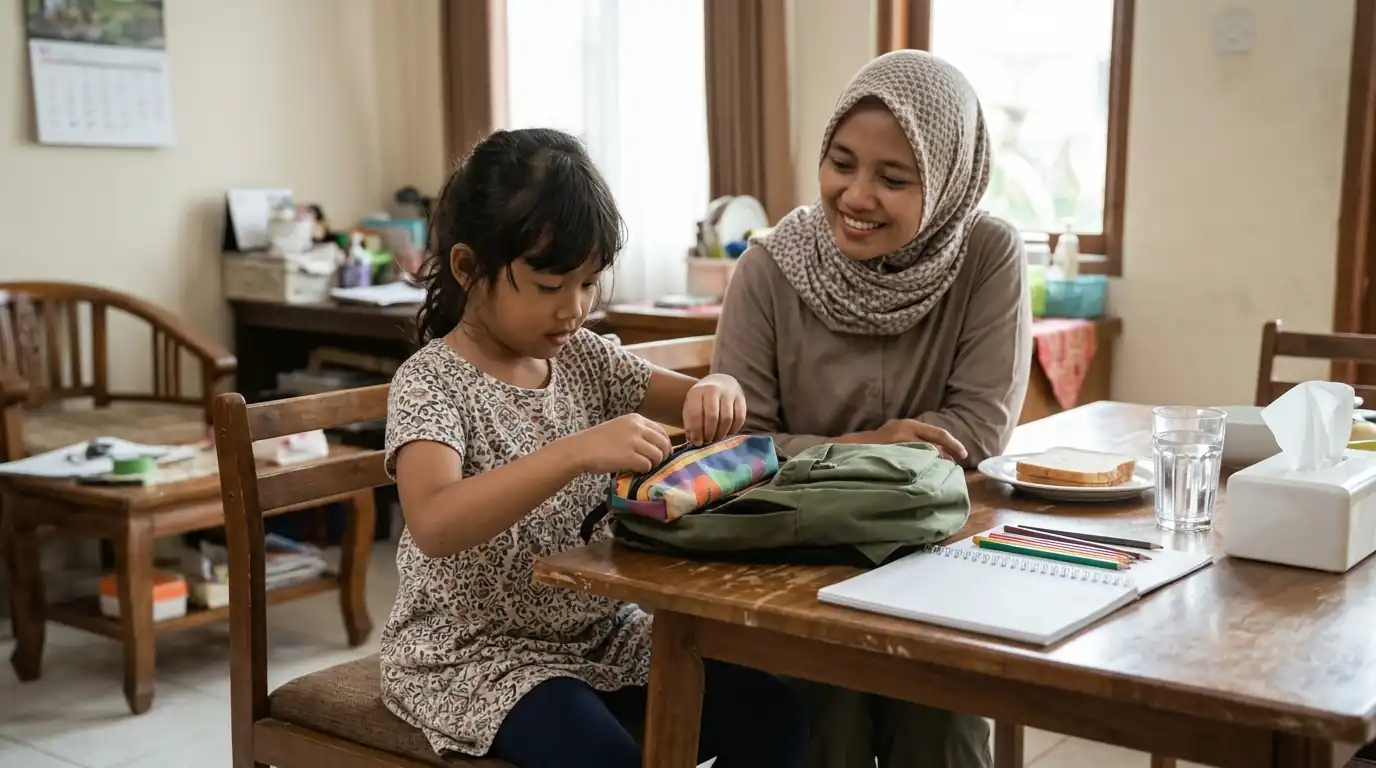 Seorang perempuan dewasa duduk bersama seorang anak perempuan sambil melihat buku di meja rumah.