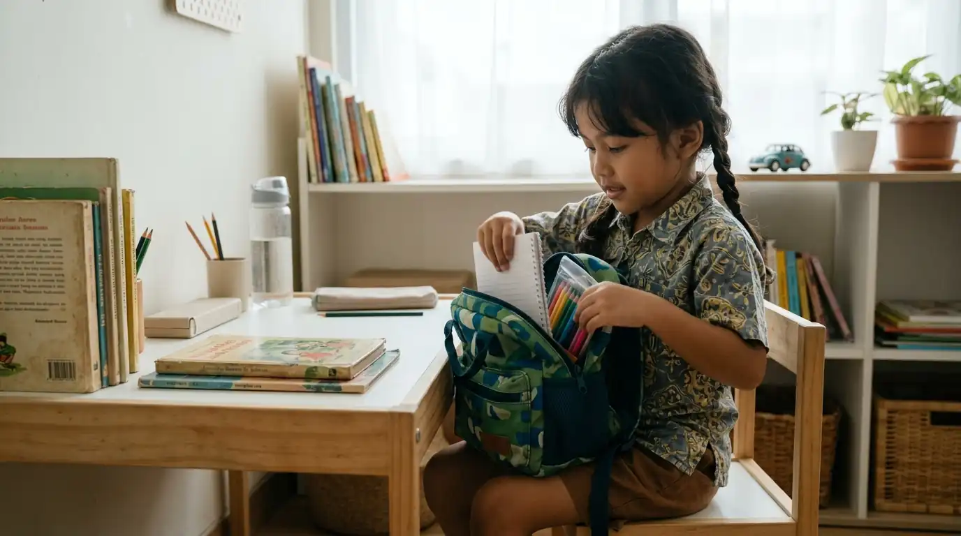 Seorang anak perempuan memegang tas sekolah di dekat meja aktivitas.