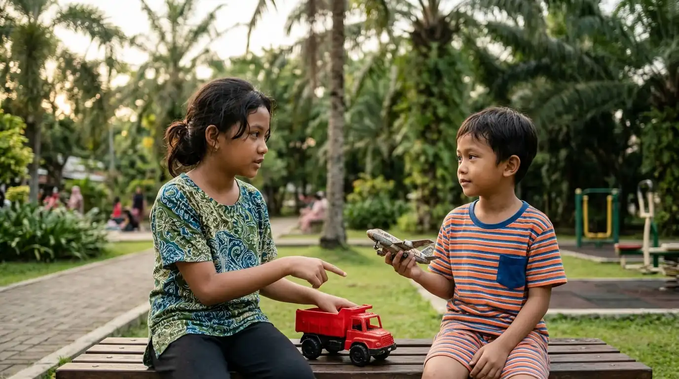 Dua anak sedang berinteraksi dan berbagi waktu bermain di luar ruangan.