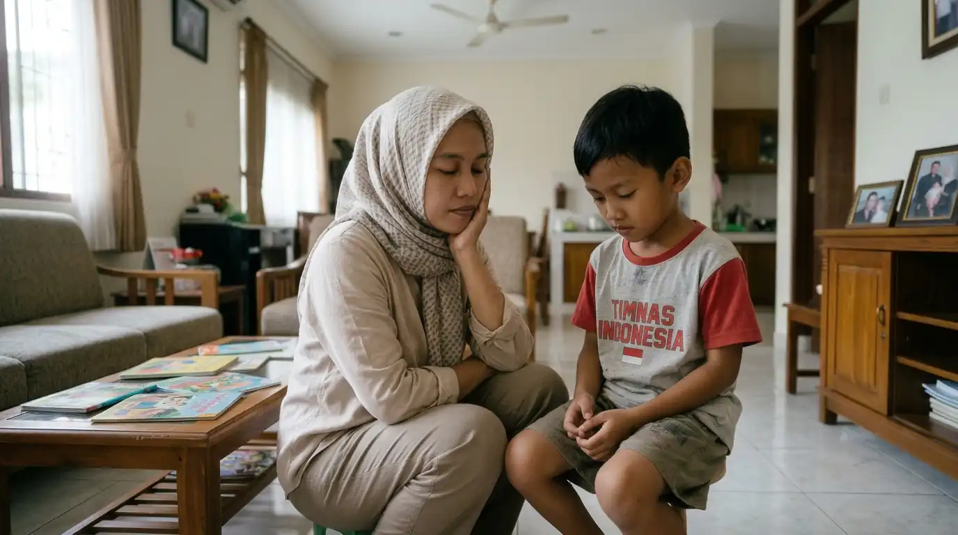 Ibu mendampingi anak membaca buku di meja belajar.