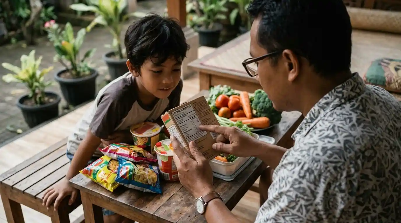 Ayah dan anak melihat kemasan makanan ringan sebelum memilih.