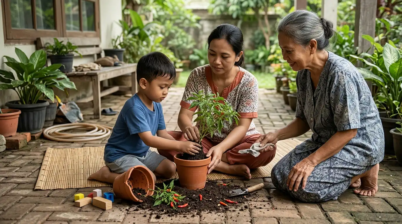 Keluarga melakukan kegiatan sederhana di taman rumah.