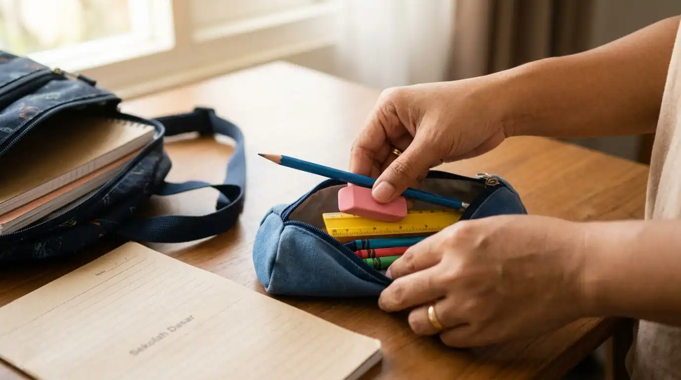 Tangan orang dewasa menyiapkan barang kecil ke dalam tas anak.