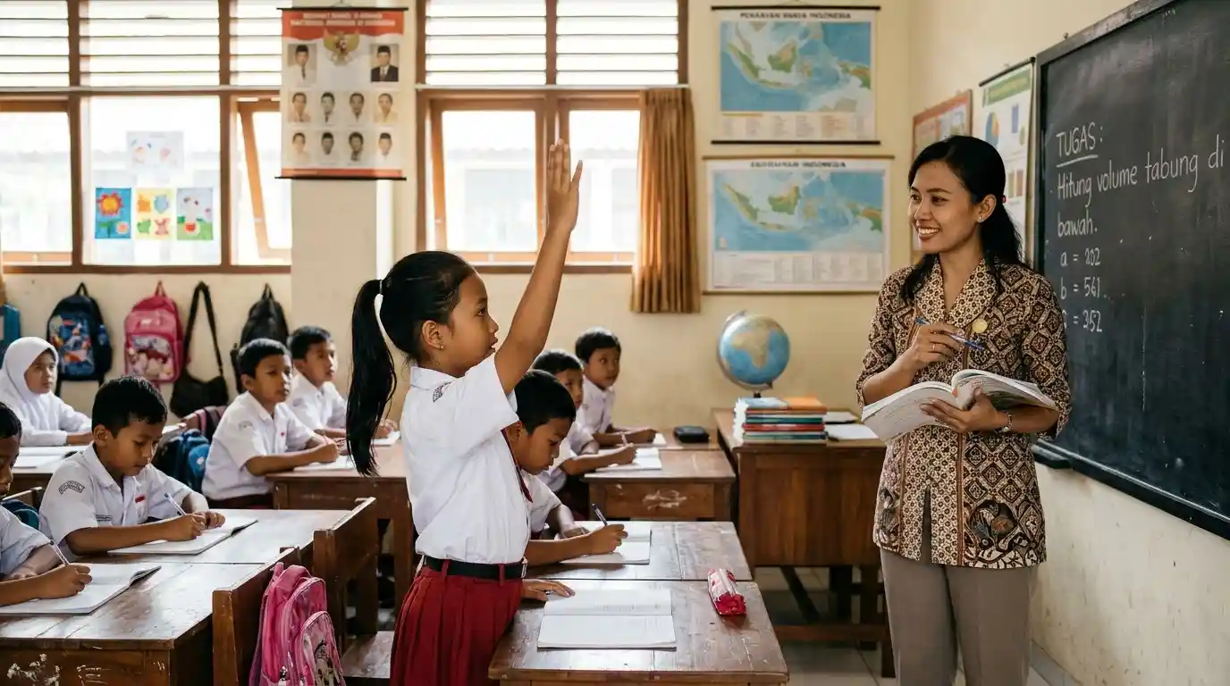 Seorang guru menjelaskan sesuatu kepada murid di ruang kelas.