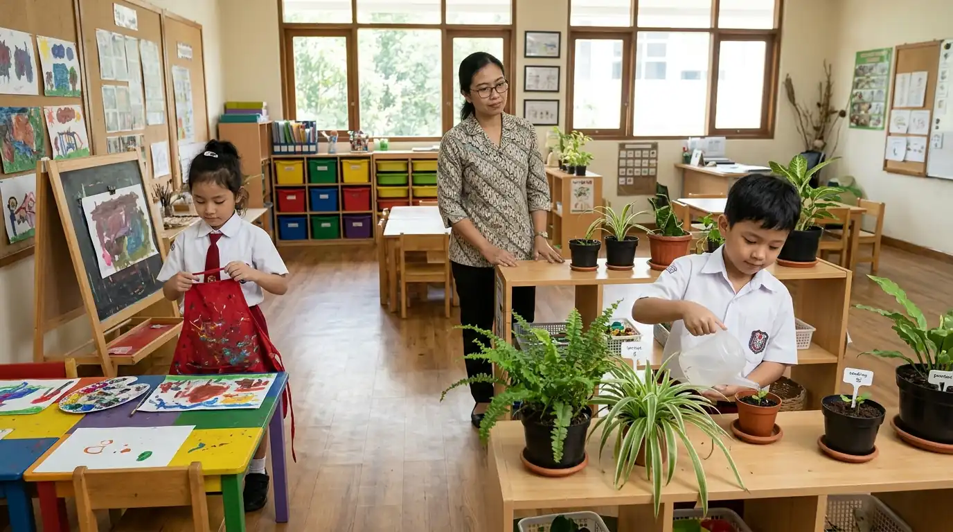 Dua anak berseragam merah putih beraktivitas di ruang kelas dengan perlengkapan belajar dan seorang guru mendampingi.
