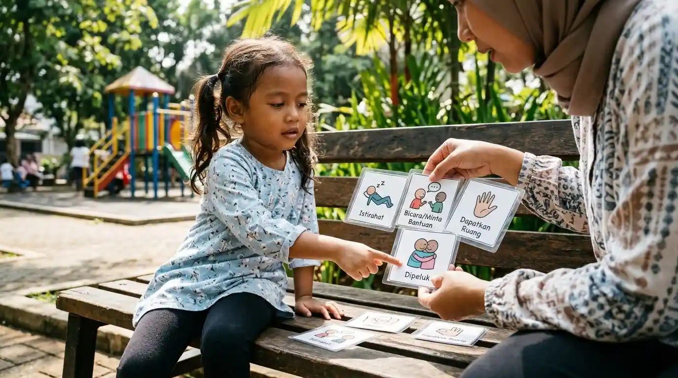 Seorang ibu dan anak melihat kartu bergambar sambil berbincang.
