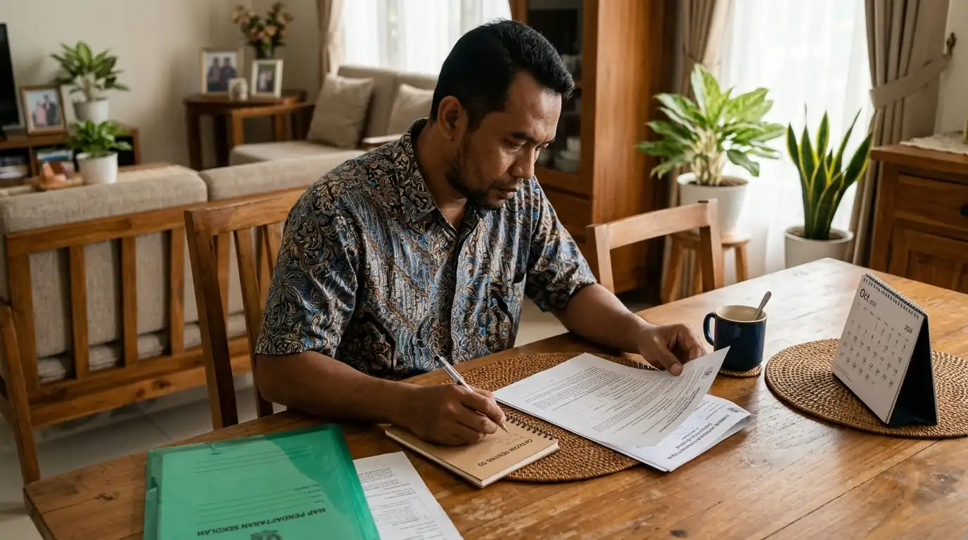 Orang dewasa membaca atau menulis bersama di meja belajar.