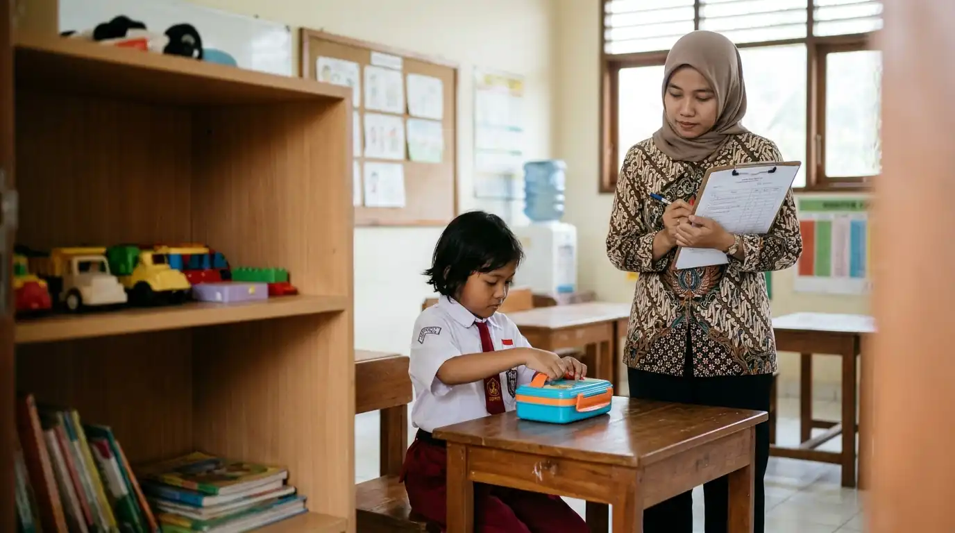 Guru menata bahan belajar di ruang kelas sebelum kegiatan dimulai.