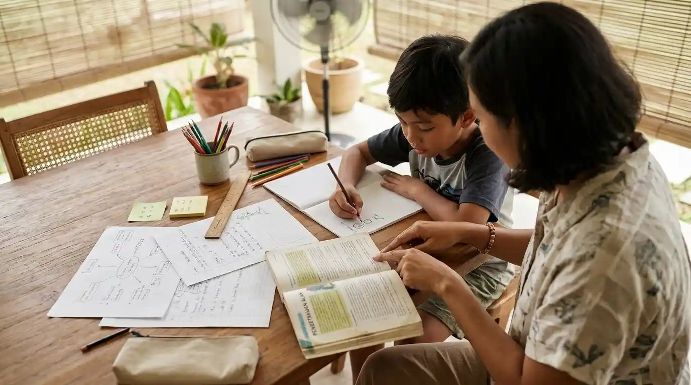 Seorang ibu mendampingi anak menulis catatan belajar di meja.