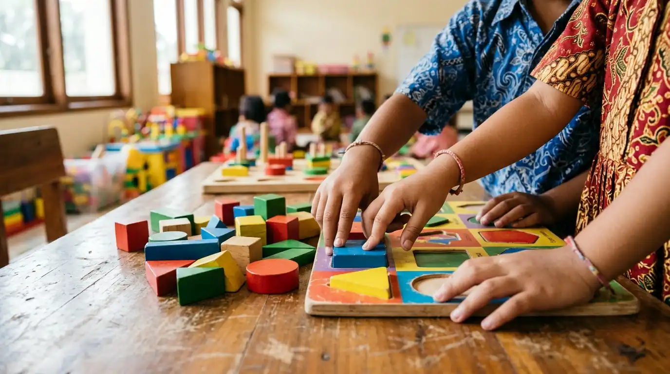 Anak-anak menggunakan balok dan bahan bermain bersama.