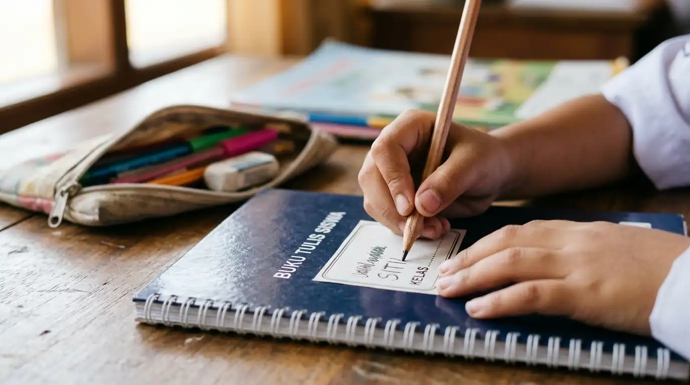 Tangan anak memegang pensil dan menulis pada buku tulis di meja belajar dengan alat tulis lain di sekitarnya.