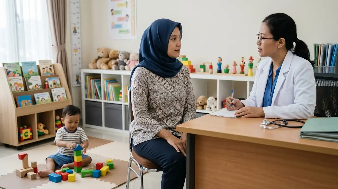 Orang tua berbincang dengan tenaga kesehatan di ruang konsultasi.