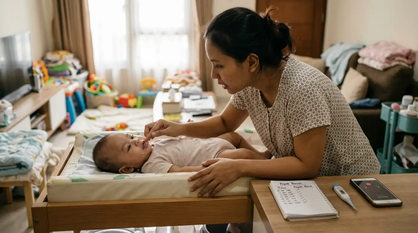 Ibu memperhatikan bayi yang berbaring di atas alas tidur.