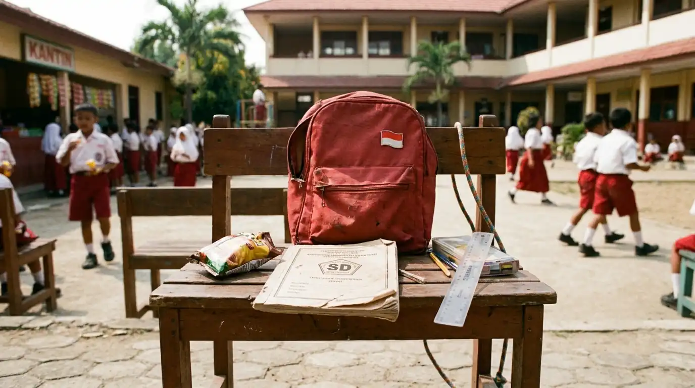 Tas anak diletakkan di meja di area halaman sekolah.