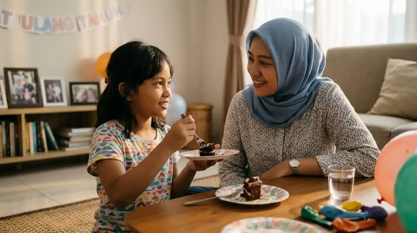 Ibu berbicara dengan anak di meja sambil memperhatikan makanan.