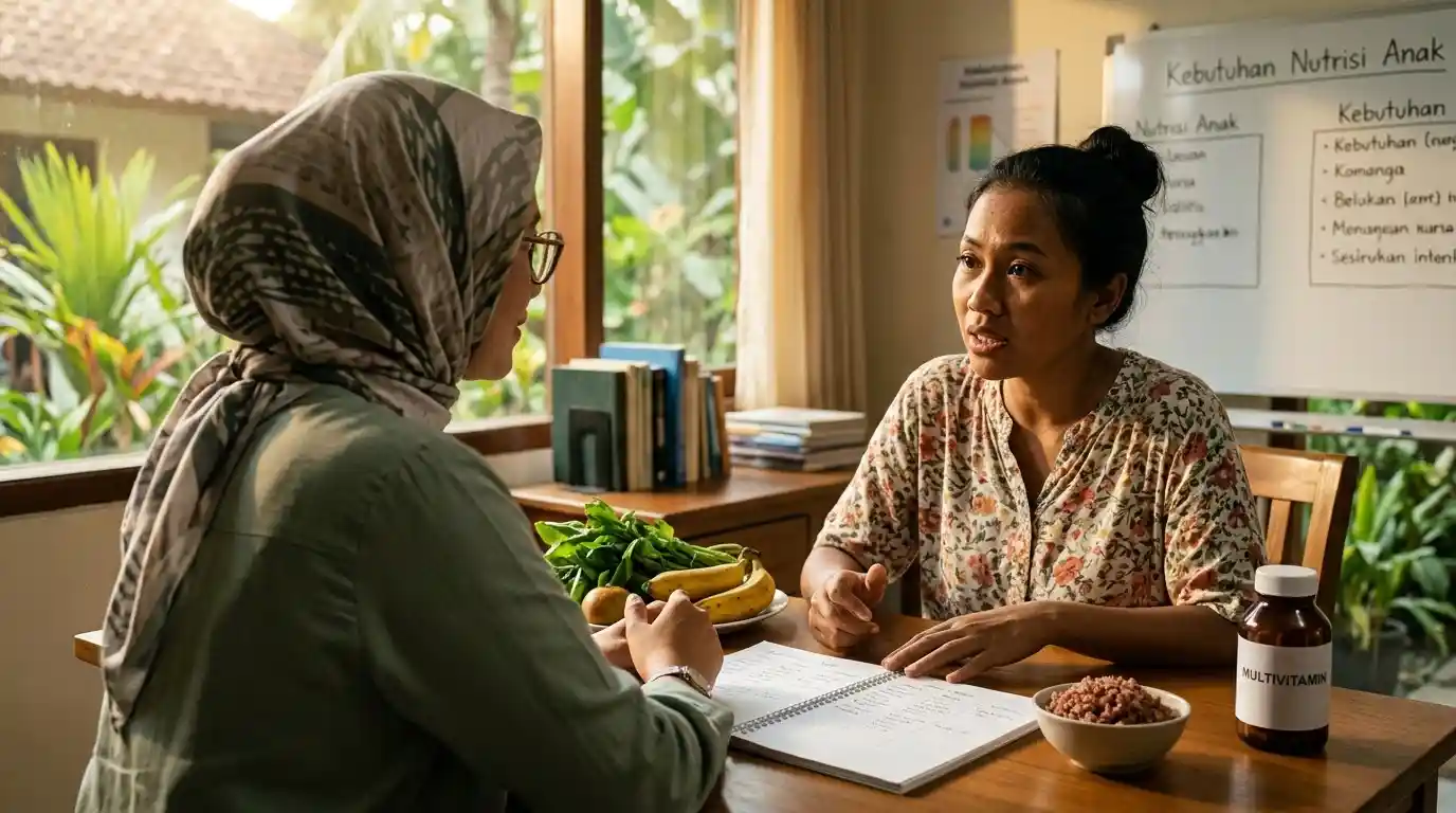 Ibu dan anak membahas kemasan suplemen di rumah.