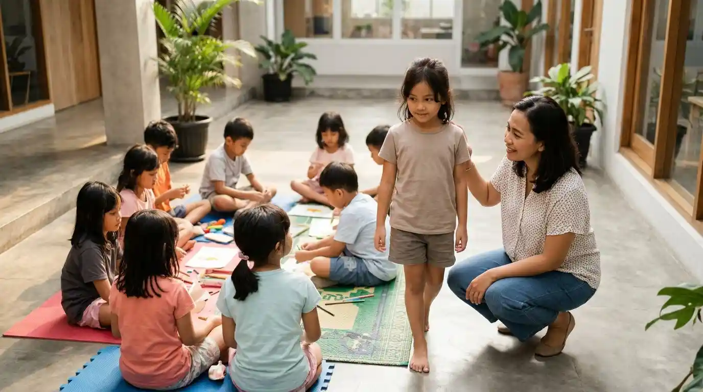 Seorang ibu mendampingi anak mengerjakan kegiatan belajar di meja.