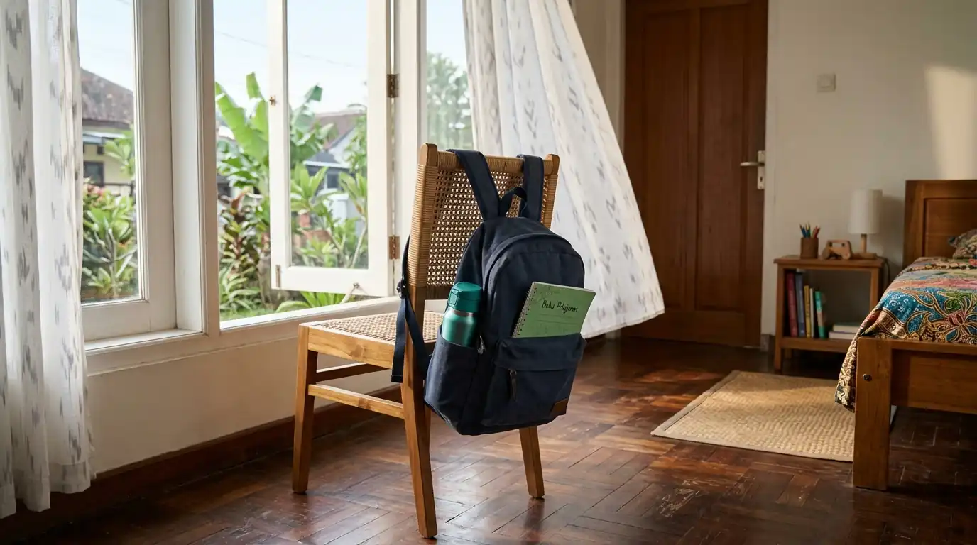Tas sekolah berada di dekat jendela dengan cahaya alami.