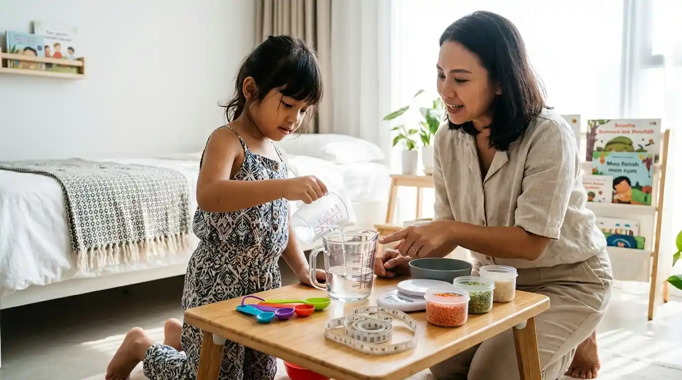 Seorang ibu dan anak mengukur bahan menggunakan alat dapur.