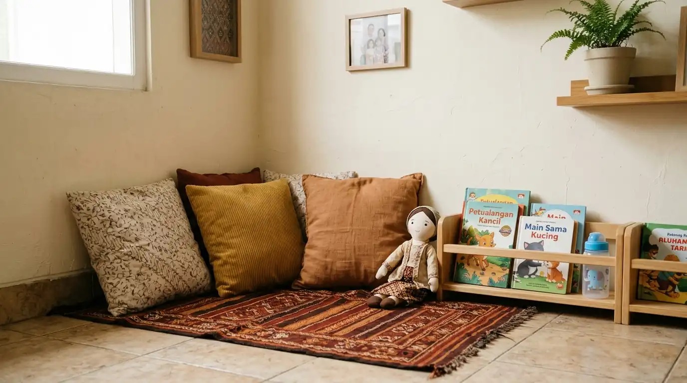 Sudut tenang dilengkapi karpet, bantal, boneka, dan rak buku anak.