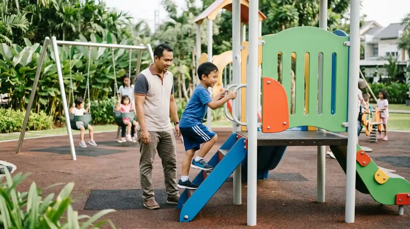 Seorang ayah mendampingi anak bermain di area taman bermain.