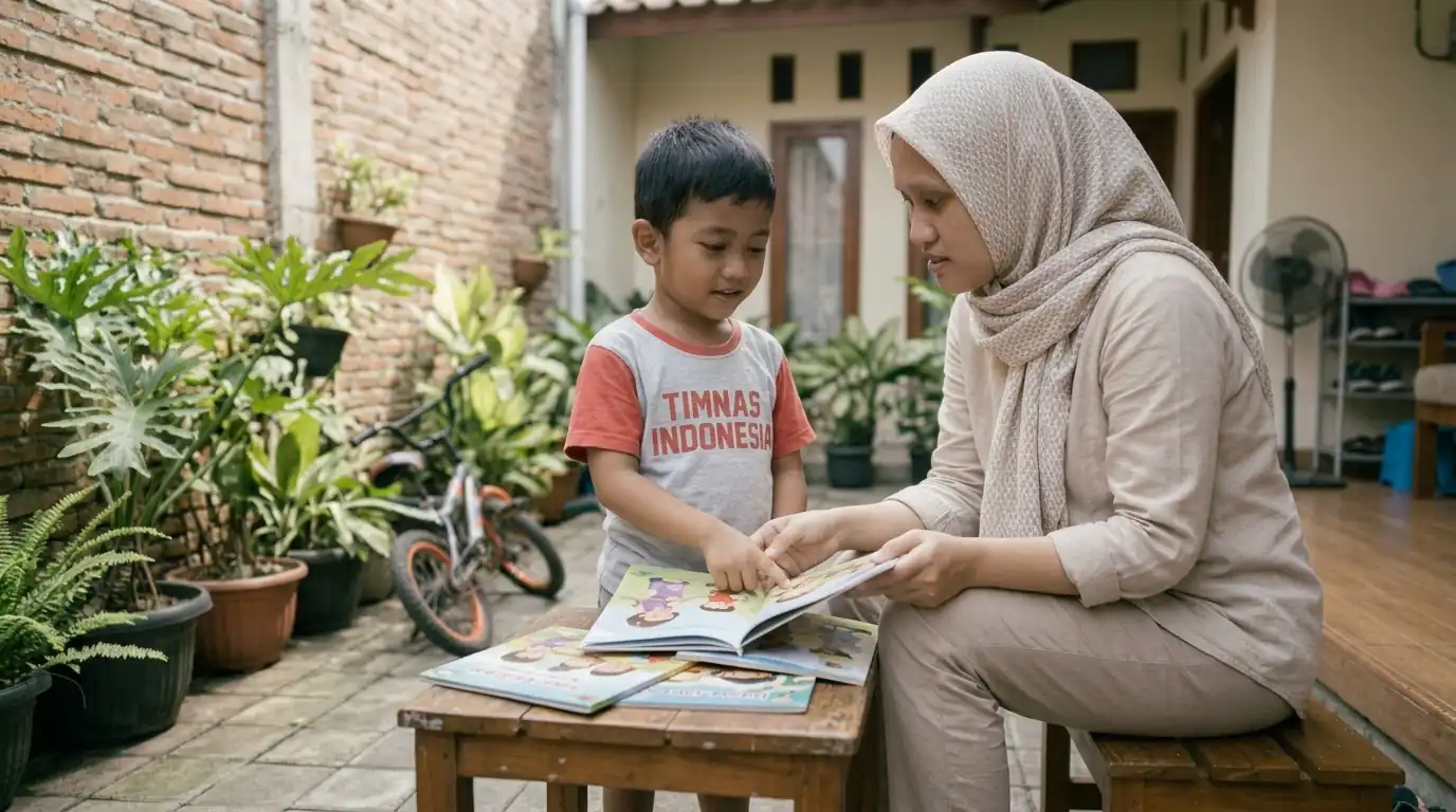 Ibu dan anak membaca buku bersama di sudut belajar.