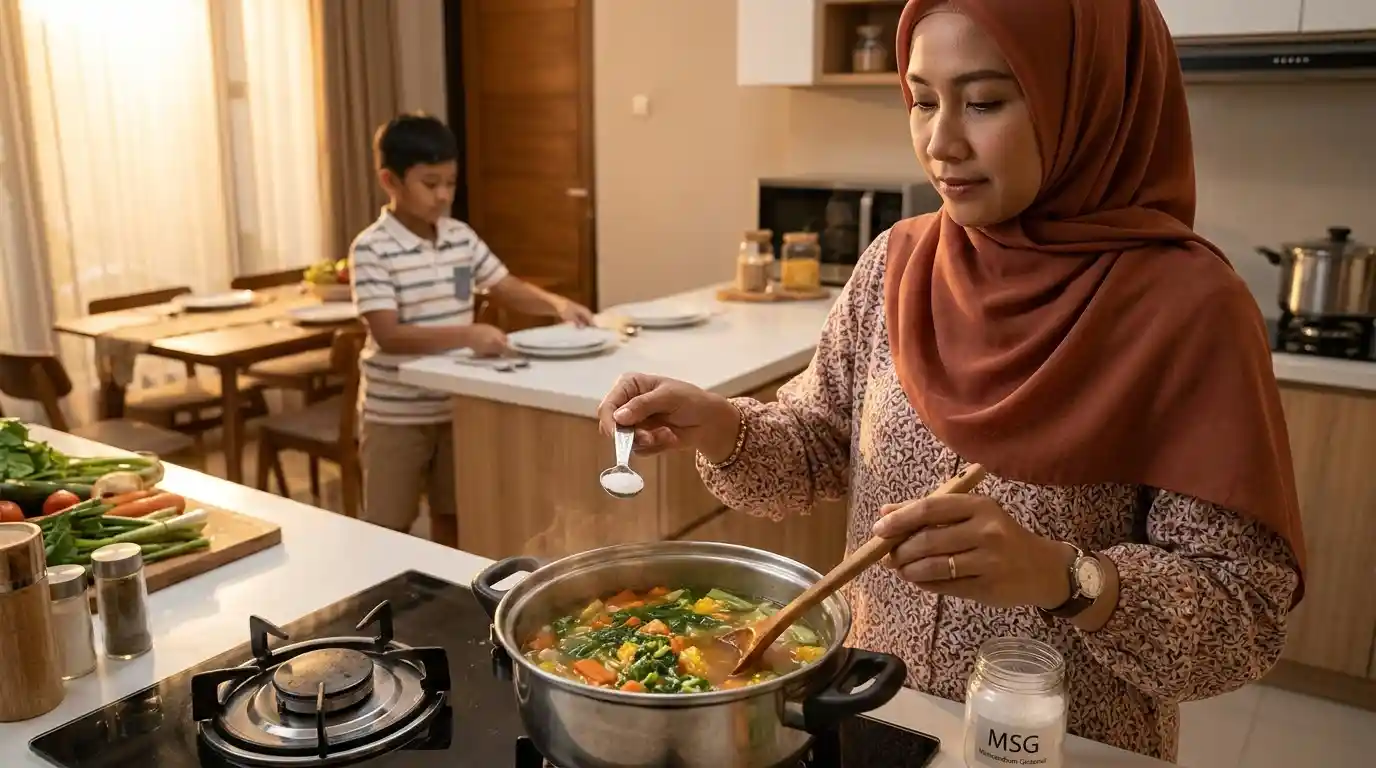 Ibu dan anak berbincang di meja makan sambil menyiapkan hidangan.