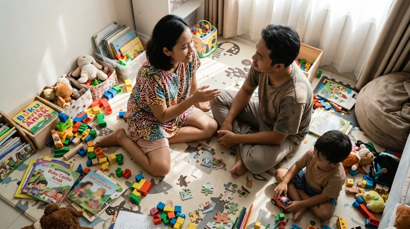 Orang tua duduk di lantai menemani anak bermain di ruang keluarga.