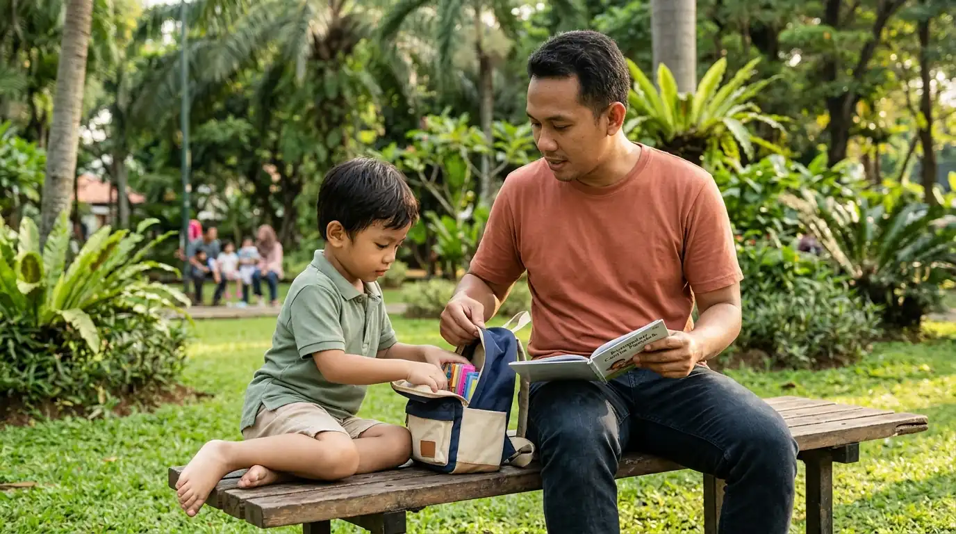 Ayah berbincang dengan anak saat bermain di luar, memberi ruang bagi anak untuk bercerita.