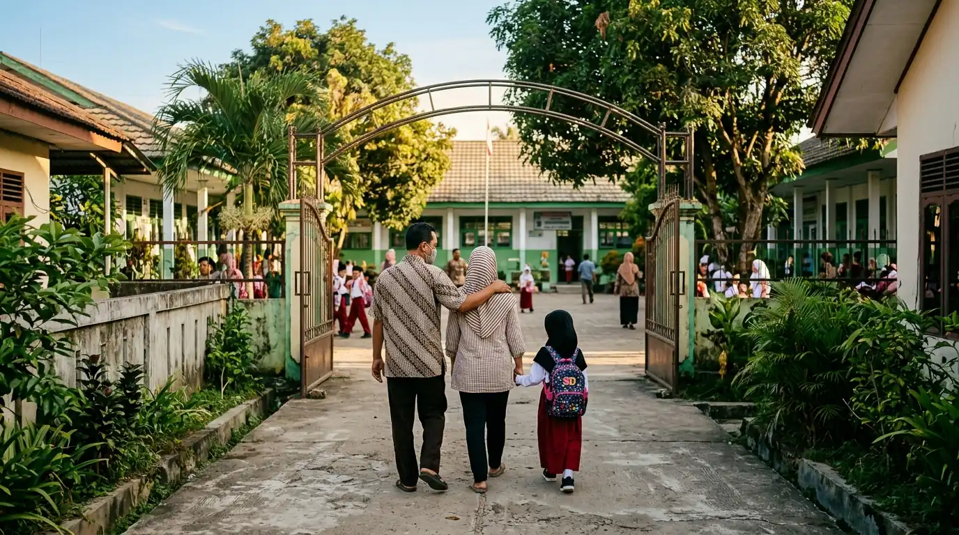 Anak berjalan menuju sekolah bersama orang dewasa di halaman yang rindang.