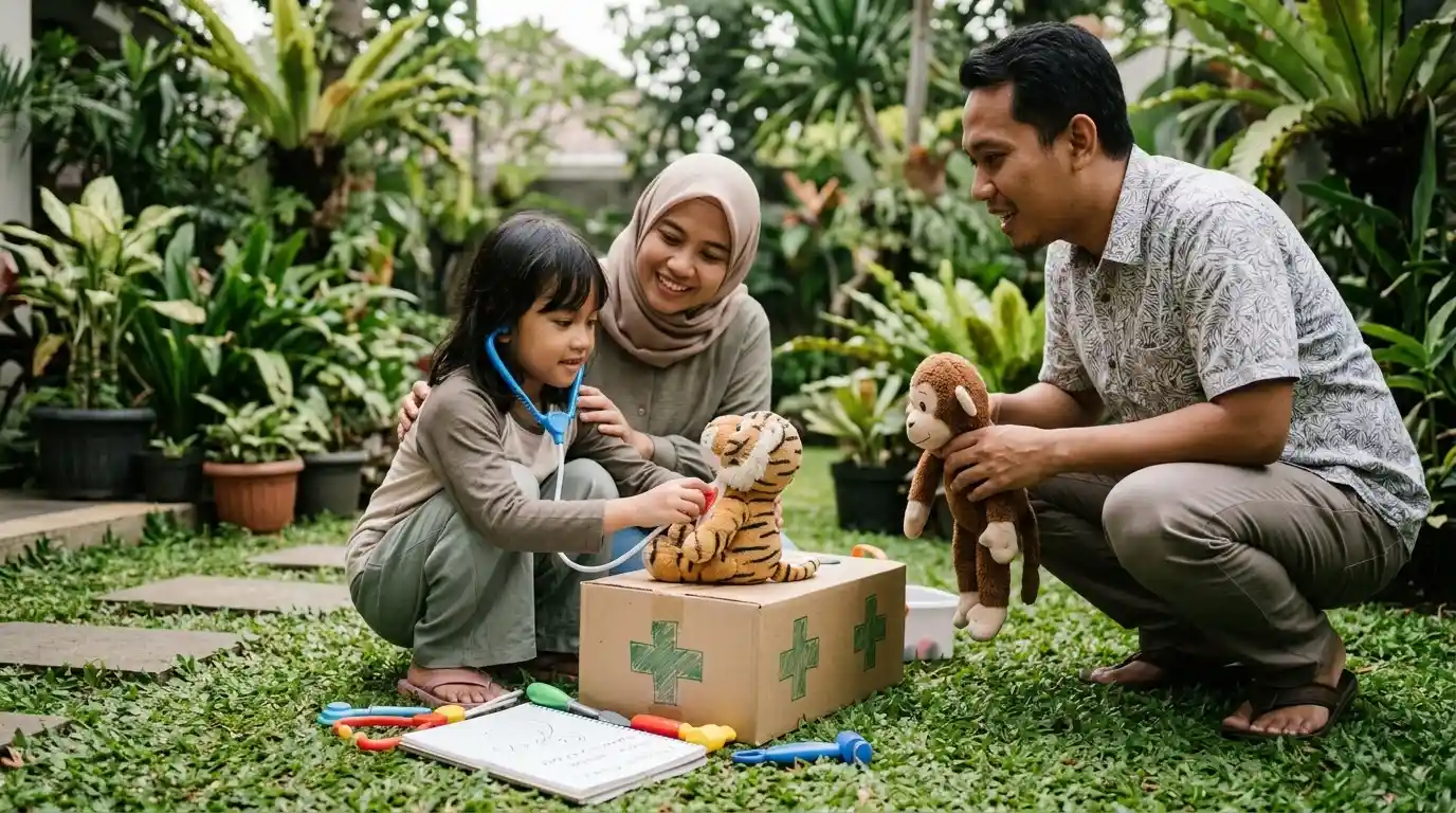 Kedua orang tua mendampingi anak bermain peran menggunakan perlengkapan sederhana di halaman.