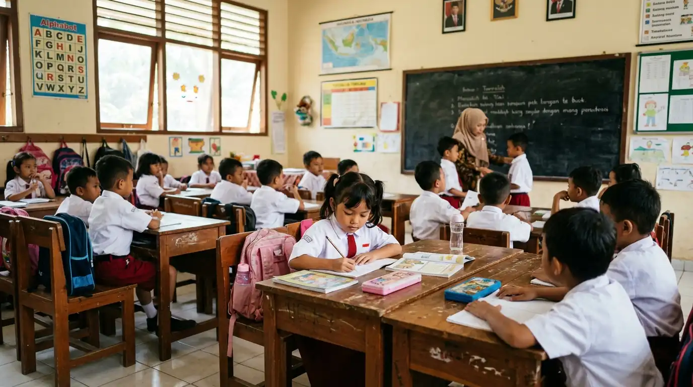 Murid mengerjakan tugas di meja kelas dengan pendampingan guru.