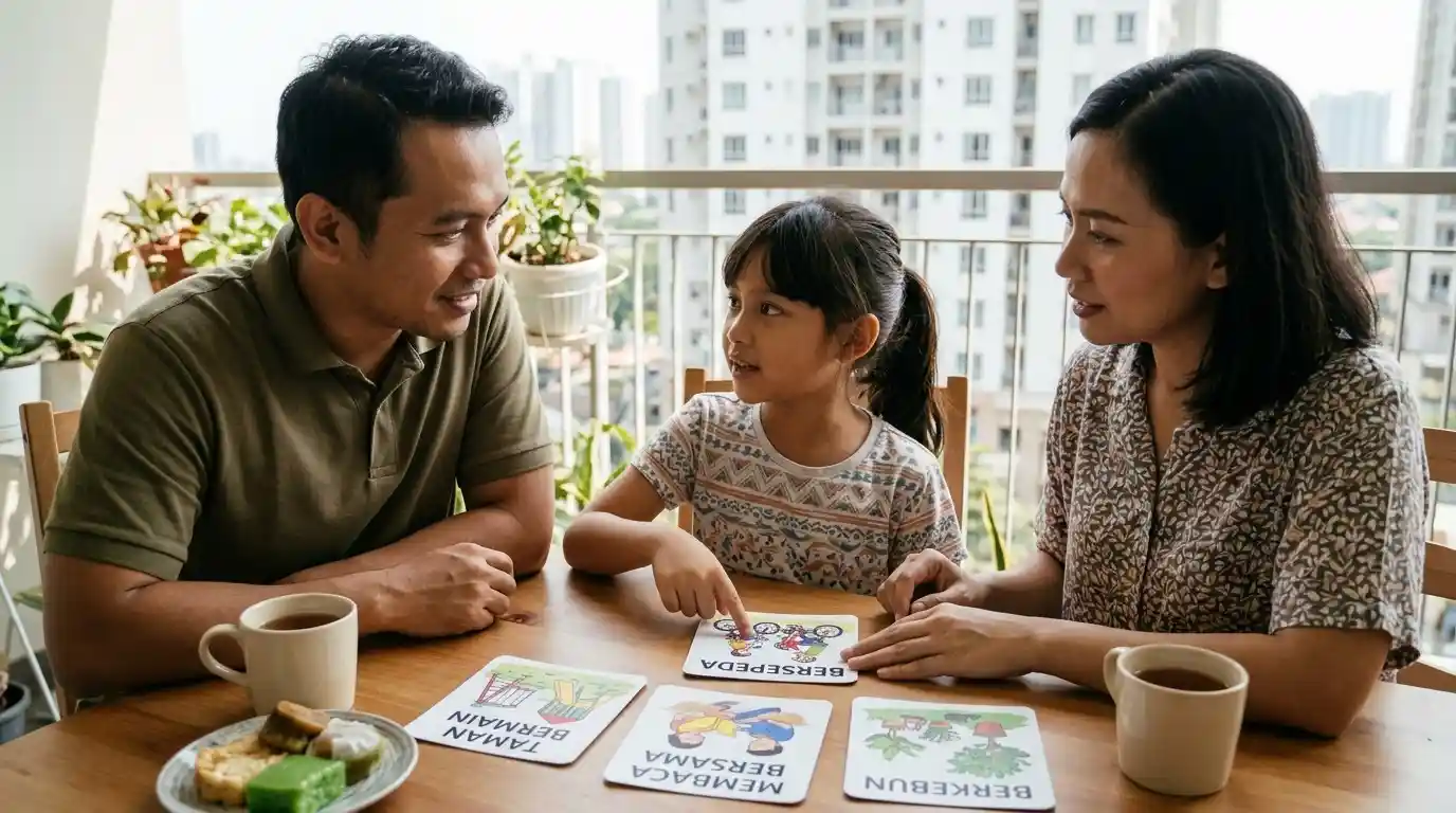 Kedua orang tua berbincang dengan anak tentang keputusan keluarga di meja.